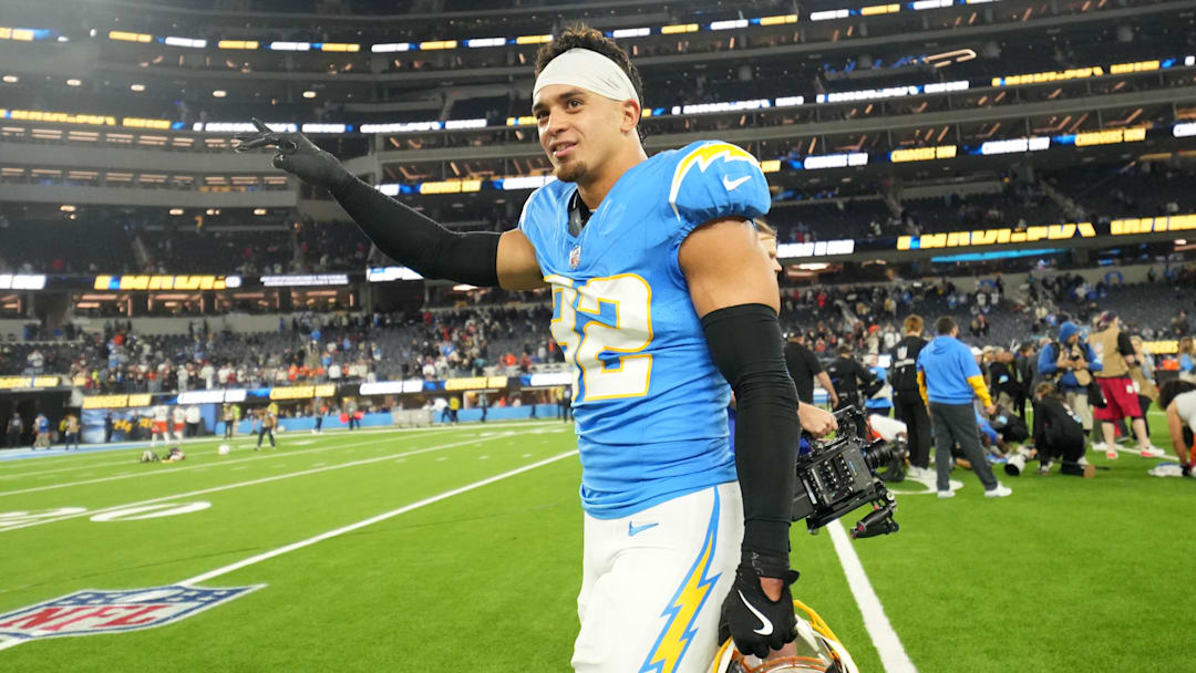 Los Angeles Chargers safety Alohi Gilman (32) celebrates at the end of the game against the Cincinnati Bengals at SoFi Stadium.