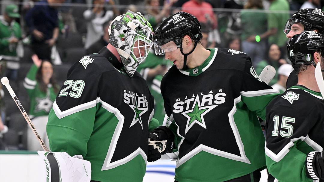 Apr 20, 2026; Dallas, Texas, USA; Dallas Stars goaltender Jake Oettinger (29) and right wing Mikko Rantanen (96) celebrate the win over the Minnesota Wild in game two of the first round of the 2026 Stanley Cup Playoffs at American Airlines Center. Mandatory Credit: Jerome Miron-Imagn Images