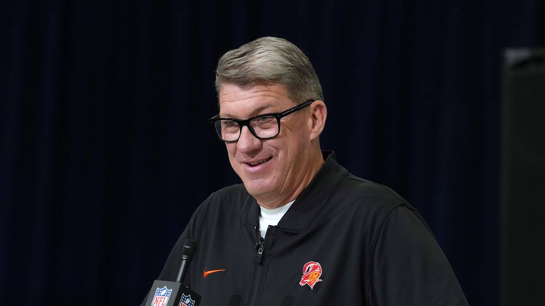 Feb 24, 2026; Indianapolis, IN, USA; Tampa Bay Buccaneers general manager Jason Licht speaks at the NFL Scouting Combine at the Indiana Convention Center. Mandatory Credit: Kirby Lee-Imagn Images