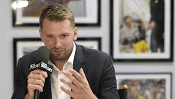 Los Angeles Lakers star Luka Doncic is interviewed by Spectrum SportsNet following a press conference.