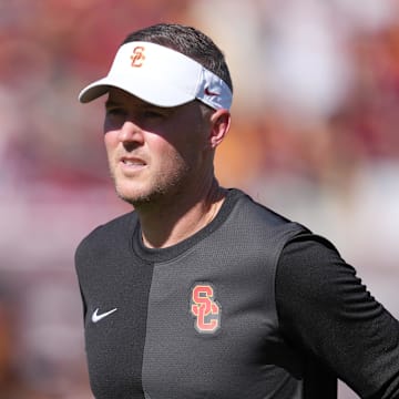 Aug 30, 2025; Los Angeles, California, USA; Southern California Trojans head coach Lincoln Riley reacts during the game against the Missouri State Bears at United Airlines Field at Los Angeles Memorial Coliseum. Mandatory Credit: Kirby Lee-Imagn Images
