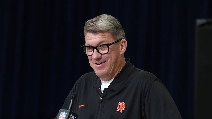 Feb 24, 2026; Indianapolis, IN, USA; Tampa Bay Buccaneers general manager Jason Licht speaks at the NFL Scouting Combine at the Indiana Convention Center. Mandatory Credit: Kirby Lee-Imagn Images