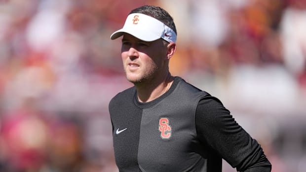 Southern California Trojans head coach Lincoln Riley reacts during the game 
