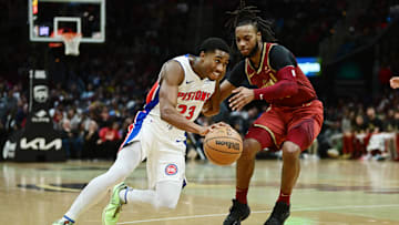 Nov 17, 2023; Cleveland, Ohio, USA; Detroit Pistons guard Jaden Ivey (23) drives to the basket against Cleveland Cavaliers guard Darius Garland (10): Ken Blaze-Imagn Images