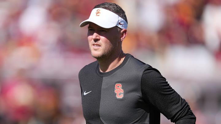 Aug 30, 2025; Los Angeles, California, USA; Southern California Trojans head coach Lincoln Riley reacts during the game against the Missouri State Bears at United Airlines Field at Los Angeles Memorial Coliseum. Mandatory Credit: Kirby Lee-Imagn Images