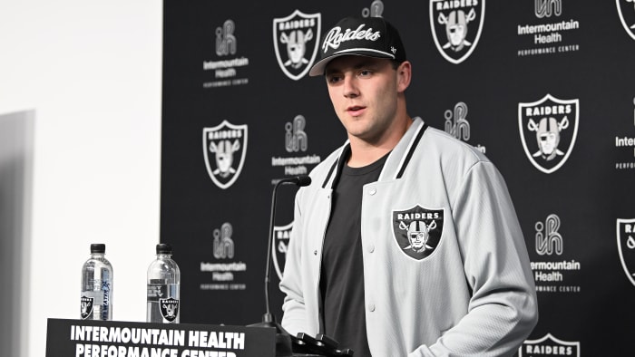 Apr 26, 2024; Henderson, NV, USA; Las Vegas Raiders tight end Brock Bowers speaks to the media