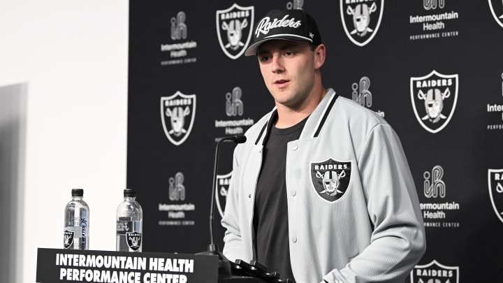 Apr 26, 2024; Henderson, NV, USA; Las Vegas Raiders tight end Brock Bowers speaks to the media at Intermountain Health Performance Center in Henderson, NV.  Mandatory Credit: Candice Ward-USA TODAY Sports