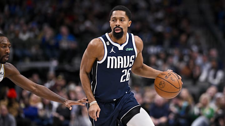 Nov 20, 2022; Dallas, Texas, USA; Dallas Mavericks guard Spencer Dinwiddie (26) in action during the