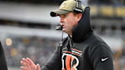 Nov 16, 2025; Pittsburgh, Pennsylvania, USA; Cincinnati Bengals head coach Zac Taylor talks to an official following a play against the Pittsburgh Steelers during the first half at Acrisure Stadium. Mandatory Credit: Barry Reeger-Imagn Images