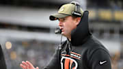 Nov 16, 2025; Pittsburgh, Pennsylvania, USA; Cincinnati Bengals head coach Zac Taylor talks to an official following a play against the Pittsburgh Steelers during the first half at Acrisure Stadium. Mandatory Credit: Barry Reeger-Imagn Images