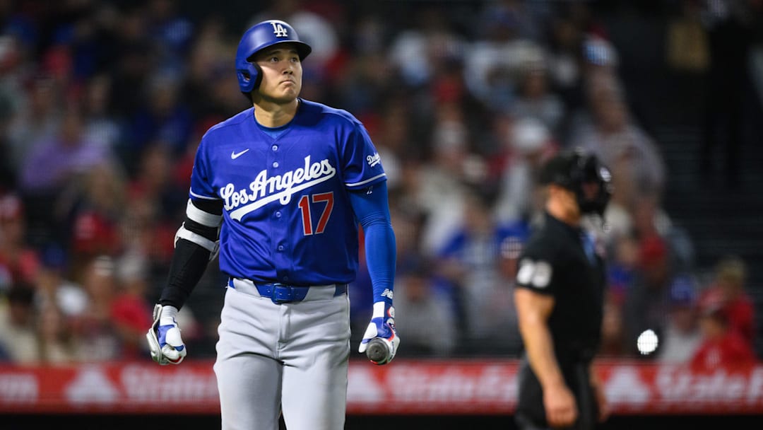 May 15, 2026; Anaheim, California, USA; Los Angeles Dodgers designated hitter Shohei Ohtani (17) looks on after striking out during the seventh inning against the Los Angeles Angels at Angel Stadium. Mandatory Credit: William Liang-Imagn Images