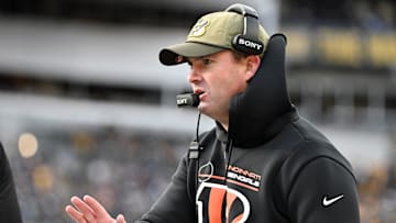 Nov 16, 2025; Pittsburgh, Pennsylvania, USA; Cincinnati Bengals head coach Zac Taylor talks to an official following a play against the Pittsburgh Steelers during the first half at Acrisure Stadium. Mandatory Credit: Barry Reeger-Imagn Images