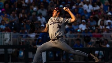 Jun 17, 2024; Omaha, NE, USA; Texas A&M Aggies starting pitcher Ryan Prager (18) pitches against the Kentucky Wildcats during the fourth inning at Charles Schwab Field Omaha. Mandatory Credit: Dylan Widger-USA TODAY Sports