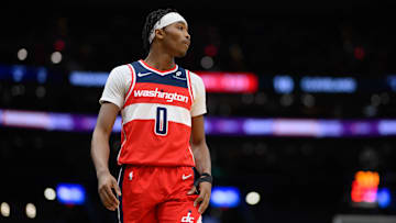 Feb 7, 2025; Washington, District of Columbia, USA; Washington Wizards guard Bilal Coulibaly (0) looks on during the second quarter against the Cleveland Cavaliers at Capital One Arena. Mandatory Credit: Reggie Hildred-Imagn Images