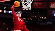 Feb 13, 2025; Lincoln, Nebraska, USA; Nebraska Cornhuskers guard Gavin Griffiths (12) warms up before the game against the Maryland Terrapins at Pinnacle Bank Arena. Mandatory Credit: Dylan Widger-Imagn Images