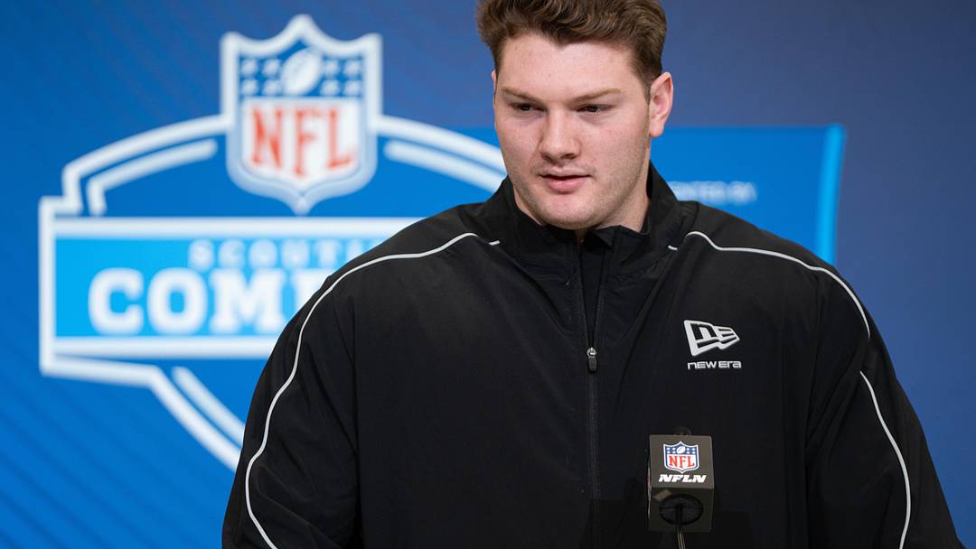 Feb 28, 2026; Indianapolis, IN, USA; Auburn offensive lineman Connor Lew (OL32) speaks to members of the media during the NFL Combine at the Indiana Convention Center. Mandatory Credit: Jacob Musselman-Imagn Images