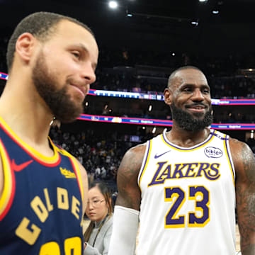 Jan 25, 2025; San Francisco, California, USA; Los Angeles Lakers forward LeBron James (23) talks with Golden State Warriors guard Stephen Curry (30) and forward Draymond Green (right) after the game at Chase Center. Mandatory Credit: Darren Yamashita-Imagn Images