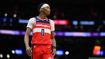 Feb 7, 2025; Washington, District of Columbia, USA; Washington Wizards guard Bilal Coulibaly (0) looks on during the second quarter against the Cleveland Cavaliers at Capital One Arena. Mandatory Credit: Reggie Hildred-Imagn Images