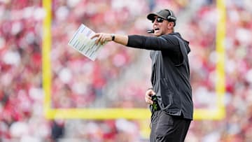 Sep 28, 2025; Santa Clara, California, USA; Jacksonville Jaguars head coach Liam Coen reacts from the sidelines during the second half against the San Francisco 49ers at Levi's Stadium.