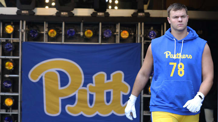 Sep 6, 2025; Pittsburgh, Pennsylvania, USA; Pittsburgh Panthers offensive lineman Jeff Persi (78) takes the field to warm up against the Central Michigan Chippewas at Acrisure Stadium. Mandatory Credit: Charles LeClaire-Imagn Images