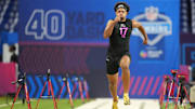 Feb 28, 2025; Indianapolis, IN, USA; North Carolina tight end Bryson Nesbit (TE17) runs in the 40-yard dash during the 2025 NFL Combine at Lucas Oil Stadium. 