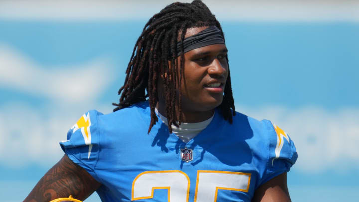 Jun 13, 2024; Costa Mesa, CA, USA; Los Angeles Chargers linebacker Junior Colson (25) during minicamp at the Hoag Performance Center. Mandatory Credit: Kirby Lee-USA TODAY Sports