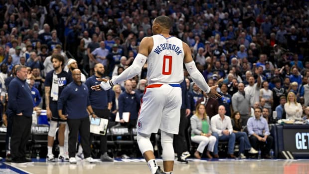Apr 26, 2024; Dallas, Texas, USA; LA Clippers guard Russell Westbrook (0) reacts to being called for a technical foul against the Dallas Mavericks during the fourth quarter during game three of the first round for the 2024 NBA playoffs at the American Airlines Center. Mandatory Credit: Jerome Miron-USA TODAY Sports
