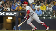 Sep 12, 2025; Milwaukee, Wisconsin, USA; St. Louis Cardinals second base Brendan Donovan (33) gets a base hit against the Milwaukee Brewers in the seventh inning at American Family Field. Mandatory Credit: Michael McLoone-Imagn Images