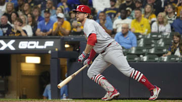 Sep 12, 2025; Milwaukee, Wisconsin, USA; St. Louis Cardinals second base Brendan Donovan (33) gets a base hit against the Milwaukee Brewers in the seventh inning at American Family Field. Mandatory Credit: Michael McLoone-Imagn Images