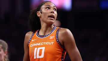 Connecticut Sun center Olivia Nelson-Odada (10) between plays against the Golden State Valkyries during the fourth quarter at Chase Center. 