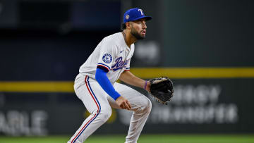 Jul 6, 2024; Arlington, Texas, USA; Texas Rangers third baseman Jonathan Ornelas (21) in action during the game between the Texas Rangers and the Tampa Bay Rays at Globe Life Field. Mandatory Credit: Jerome Miron-USA TODAY Sports