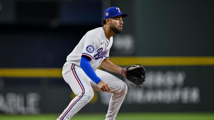 Jul 6, 2024; Arlington, Texas, USA; Texas Rangers third baseman Jonathan Ornelas (21) in action during the game between the Texas Rangers and the Tampa Bay Rays at Globe Life Field. Mandatory Credit: Jerome Miron-USA TODAY Sports