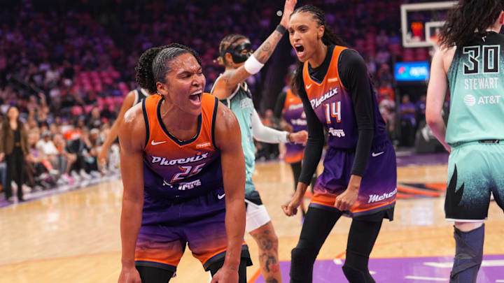 Sep 19, 2025; Phoenix, Arizona, USA; Phoenix Mercury forward Alyssa Thomas (25) and Phoenix Mercury forward DeWanna Bonner (14) react after a foul call against the New York Liberty during the first half of game three of round one for the 2025 WNBA Playoffs at PHX Arena. Mandatory Credit: Joe Camporeale-Imagn Images Sep 19, 2025; Phoenix, Arizona, USA; Phoenix Mercury forward Alyssa Thomas (25) and Phoenix Mercury forward DeWanna Bonner (14) react after a foul call against the New York Liberty during the first half of game three of round one for the 2025 WNBA Playoffs at PHX Arena. Mandatory Credit: Joe Camporeale-Imagn Images