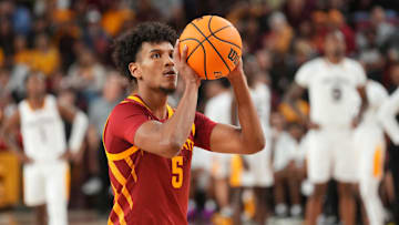 Jan 25, 2025; Tempe, Arizona, USA; Iowa State Cyclones guard Curtis Jones (5) shoots against the Arizona State Sun Devils during the second half at Desert Financial Arena. Mandatory Credit: Joe Camporeale-Imagn Images