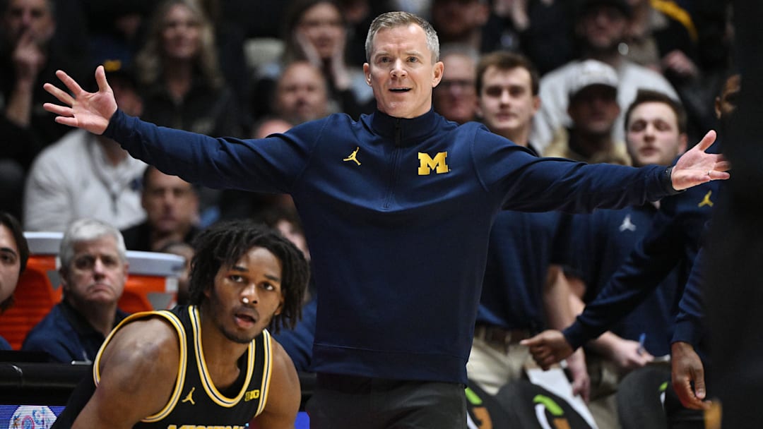 Feb 17, 2026; West Lafayette, Indiana, USA;  Michigan Wolverines head coach Dusty May reacts to a call during the first half against the Purdue Boilermakers at Mackey Arena. Mandatory Credit: Marc Lebryk-Imagn Images