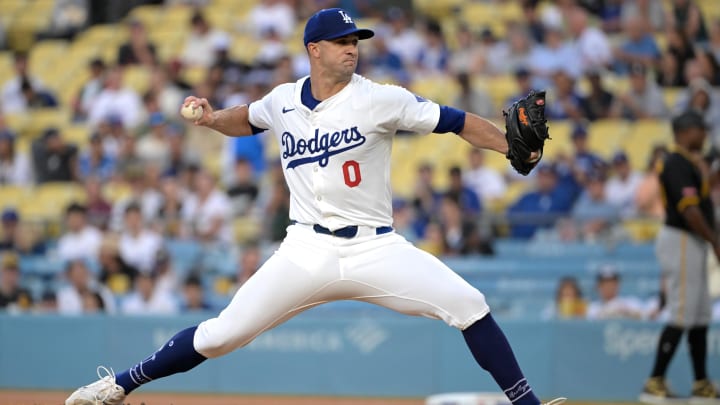 Aug 9, 2024; Los Angeles, California, USA;  Los Angeles Dodgers starting pitcher Jack Flaherty (0) delivers to the plate in the first inning against the Pittsburgh Pirates at Dodger Stadium.