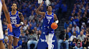 Nov 29, 2024; Lexington, Kentucky, USA; Georgia State Panthers forward Zarique Nutter (7) brings the ball up court during the first half against the Kentucky Wildcats at Rupp Arena at Central Bank Center. Mandatory Credit: Jordan Prather-Imagn Images