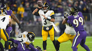 Dec 21, 2024; Baltimore, Maryland, USA; Pittsburgh Steelers quarterback Russell Wilson (3) passes during the third quarter against the Baltimore Ravens at M&T Bank Stadium. Mandatory Credit: Mitch Stringer-Imagn Images