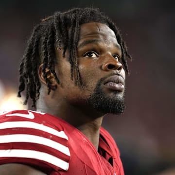 Oct 8, 2023; Santa Clara, California, USA; San Francisco 49ers linebacker Dre Greenlaw (57) during the fourth quarter against the Dallas Cowboys at Levi's Stadium. Mandatory Credit: Darren Yamashita-Imagn Images