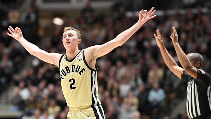 Purdue Boilermakers guard Fletcher Loyer (2) celebrates a three- pointer against Northern Kentucky. Purdue Boilermakers guard Fletcher Loyer (2) celebrates a three- pointer against Northern Kentucky.