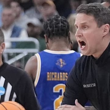 Mar 20, 2025; Providence, RI, USA; McNeese State Cowboys head coach Will Wade reacts during the first half against the Clemson Tigers at Amica Mutual Pavilion. Mandatory Credit: Gregory Fisher-Imagn Images