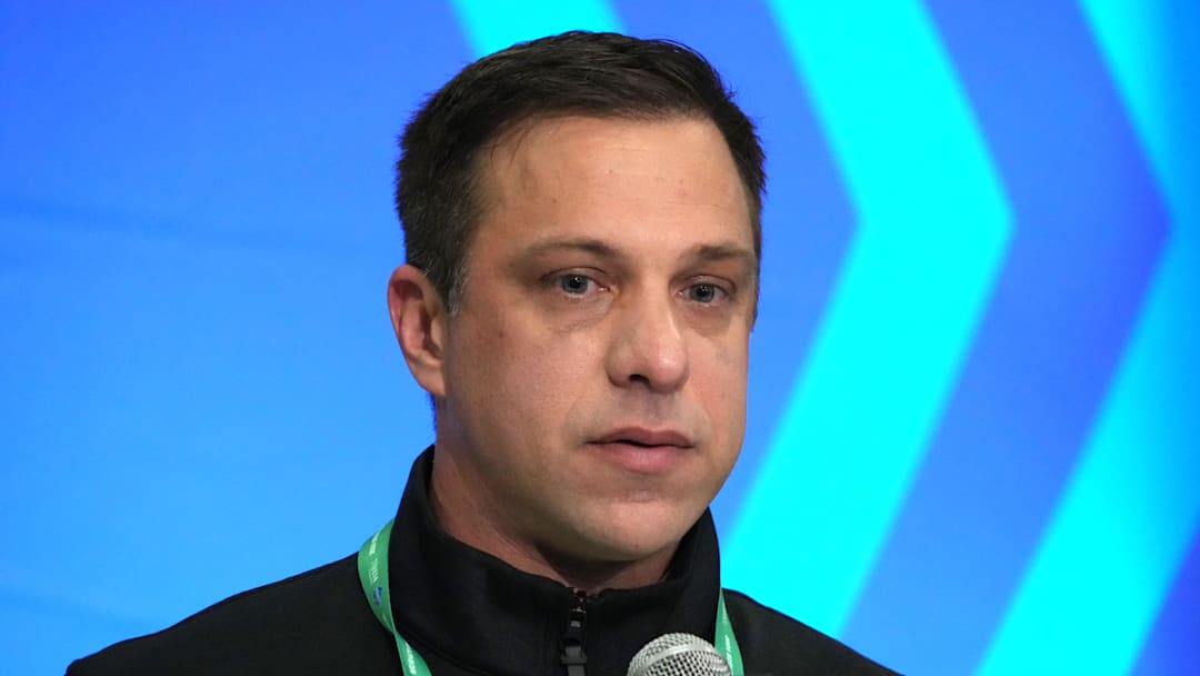 Feb 27, 2024; Indianapolis, IN, USA; Kansas City Chiefs general manager Brett Veach speaks during a press conference at the NFL Scouting Combine at Indiana Convention Center. Mandatory Credit: Kirby Lee-Imagn Images