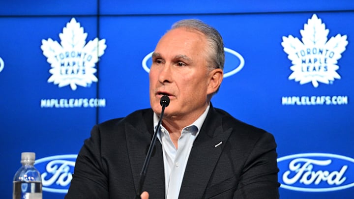 May 21, 2024; Toronto, Ontario, CANADA; Toronto Maple Leafs new head coach Craig Berube speaks during an introductory media conference at Ford Performance Centre. Mandatory Credit: Dan Hamilton-Imagn Images