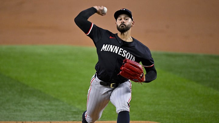 Aug 18, 2024; Arlington, Texas, USA; Minnesota Twins starting pitcher Pablo Lopez (49) pitches against the Texas Rangers during the first inning at Globe Life Field. Mandatory Credit: Jerome Miron-Imagn Images Aug 18, 2024; Arlington, Texas, USA; Minnesota Twins starting pitcher Pablo Lopez (49) pitches against the Texas Rangers during the first inning at Globe Life Field. Mandatory Credit: Jerome Miron-Imagn Images