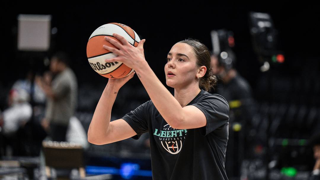 May 25, 2026; Brooklyn, New York, USA; New York Liberty guard Pauline Astier (18) warms up before a game against the Portland Fire at Barclays Center. Mandatory Credit: John Jones-Imagn Images