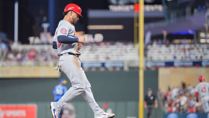 Aug 23, 2024; Minneapolis, Minnesota, USA; St. Louis Cardinals catcher Willson Contreras (40) scores against the Minnesota Twins in the fourth inning at Target Field. Mandatory Credit: Brad Rempel-USA TODAY Sports