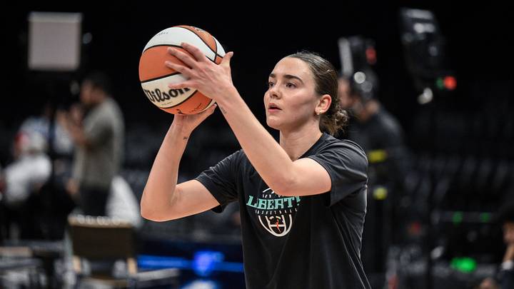 May 25, 2026; Brooklyn, New York, USA; New York Liberty guard Pauline Astier (18) warms up before a game against the Portland Fire at Barclays Center. Mandatory Credit: John Jones-Imagn Images