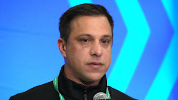 Feb 27, 2024; Indianapolis, IN, USA; Kansas City Chiefs general manager Brett Veach speaks during a press conference at the NFL Scouting Combine at Indiana Convention Center. Mandatory Credit: Kirby Lee-Imagn Images