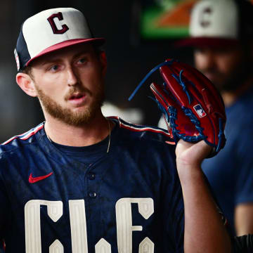 Jul 19, 2024; Cleveland, Ohio, USA; Cleveland Guardians starting pitcher Tanner Bibee (28) celebrates during the sixth inning against the San Diego Padres at Progressive Field. Mandatory Credit: Ken Blaze-USA TODAY Sports