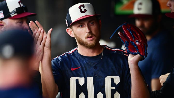 Jul 19, 2024; Cleveland, Ohio, USA; Cleveland Guardians starting pitcher Tanner Bibee (28) celebrates during the sixth inning against the San Diego Padres at Progressive Field. Mandatory Credit: Ken Blaze-USA TODAY Sports